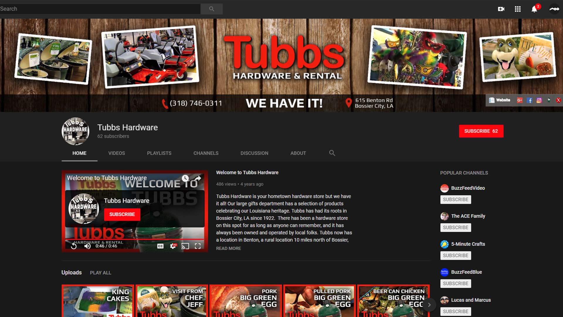 YouTue banner for Tubbs Hardware